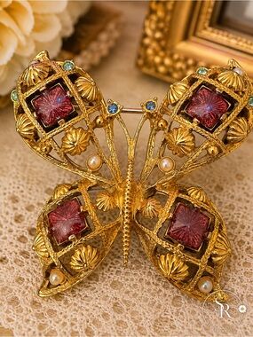 Vintage Avon Ornate Domed Butterfly Brooch Jewel Tone Glass Faux Pearl